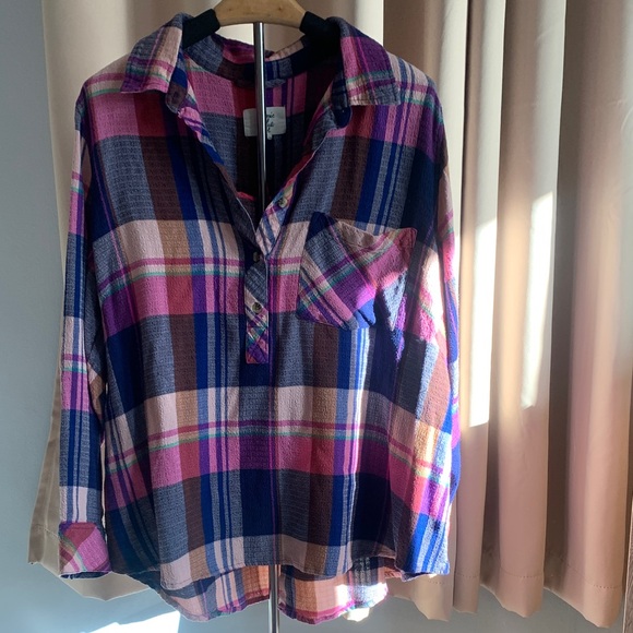 cosmic blue love Tops - Plaid Button-Up Blouse